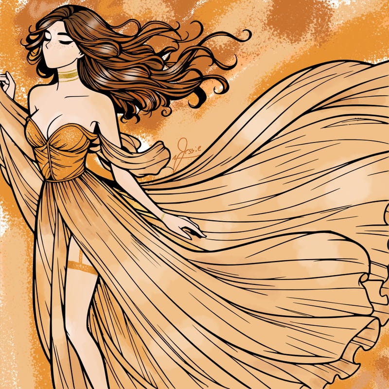 realistic woman in dress flowing the the wind