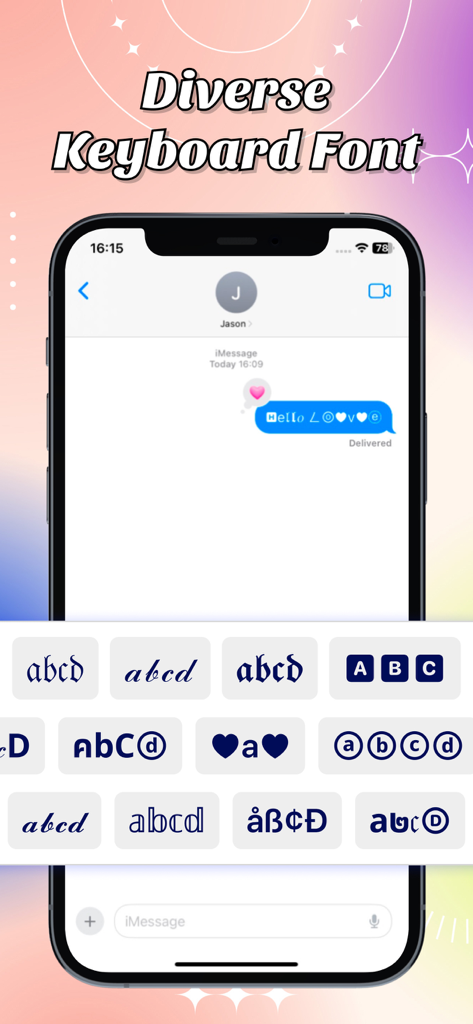 Font Keyboard - Cool Font - Mobile app screenshot showing various decorative keyboard fonts and a text message with a stylish font