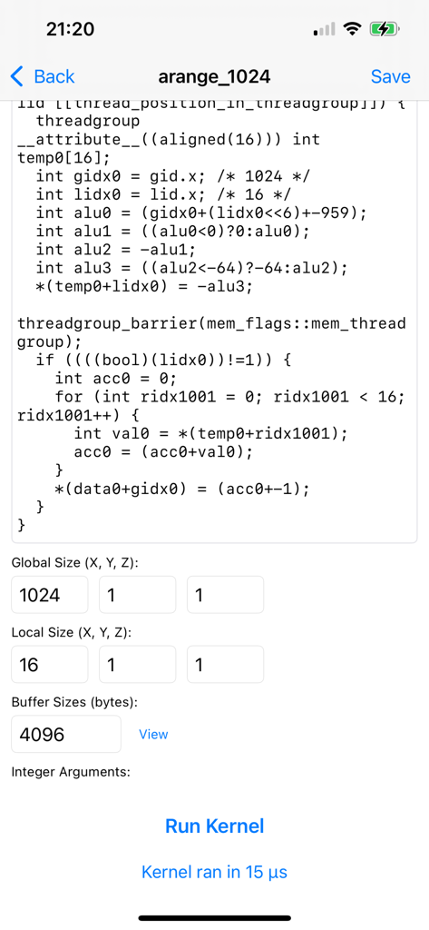 tinygrad remote host - Metal kernel code and execution interface in the tinygrad remote host app showing global and local size parameters