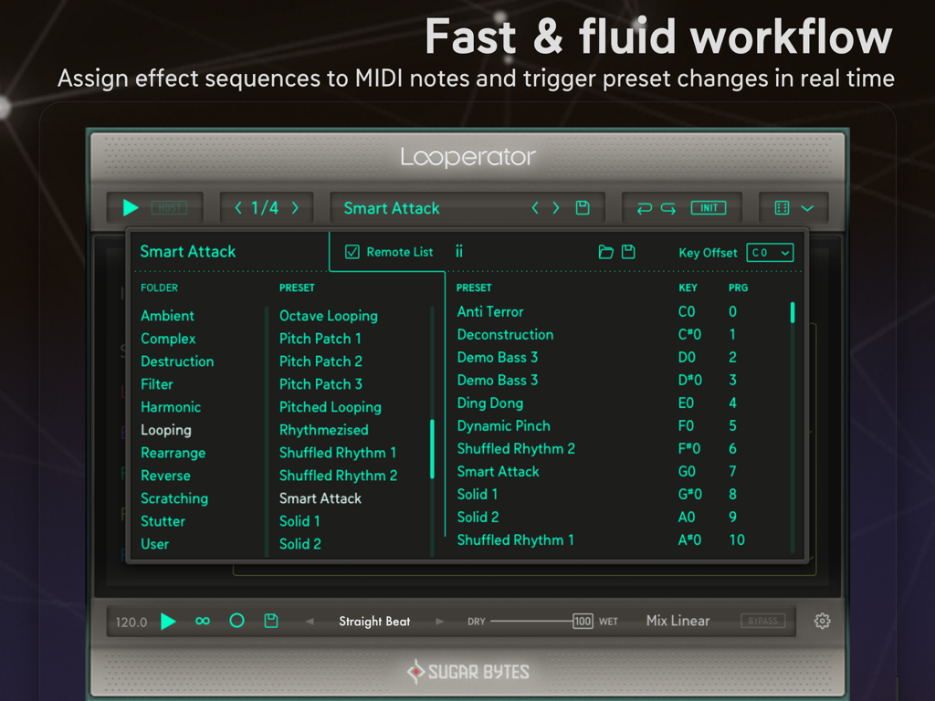 Interface de l'application Looperator montrant la liste des préréglages MIDI pour déclencher des séquences d'effets et des préréglages en temps réel.