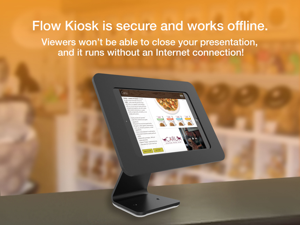 Flow Kiosk: Offline iPad Kiosk - iPad in a black kiosk stand displaying a secure offline presentation