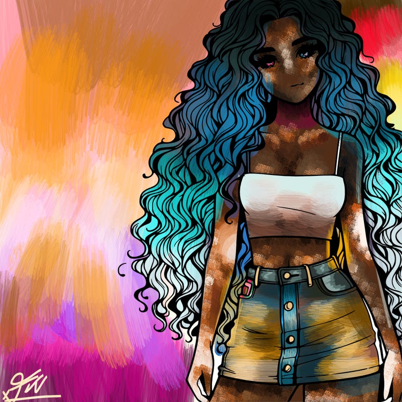 realistic girl with long curly hair with mini skirt and crop top