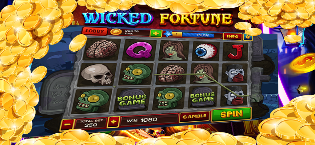 Wicked Fortune zombie themed slot machine interface with gold coins and spooky symbols