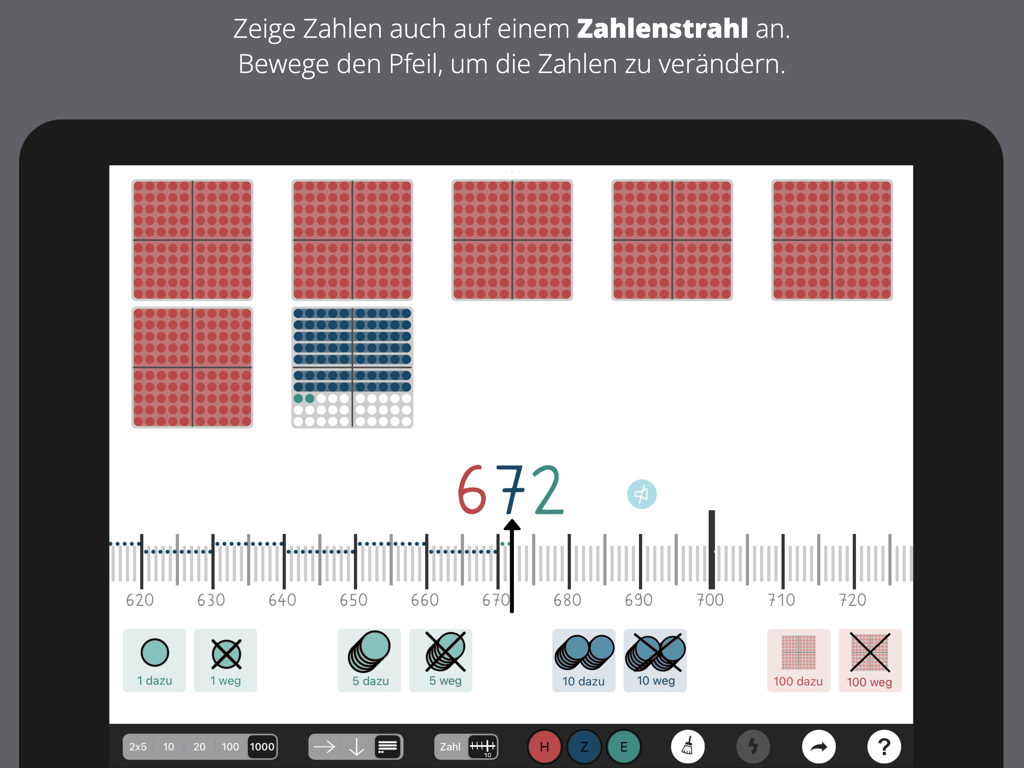 Zahlenfeld - Zahlenfeld app interface showing the number 672 visualized with base-ten blocks and a number line.