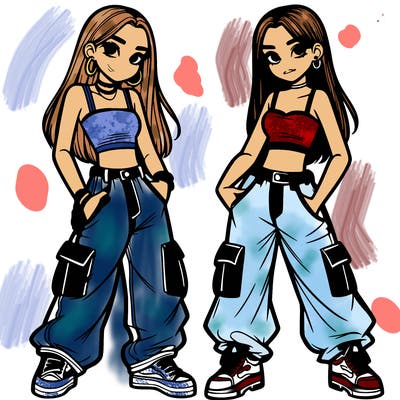 2 teen girls wearing baggy cargo jeans and crop tops