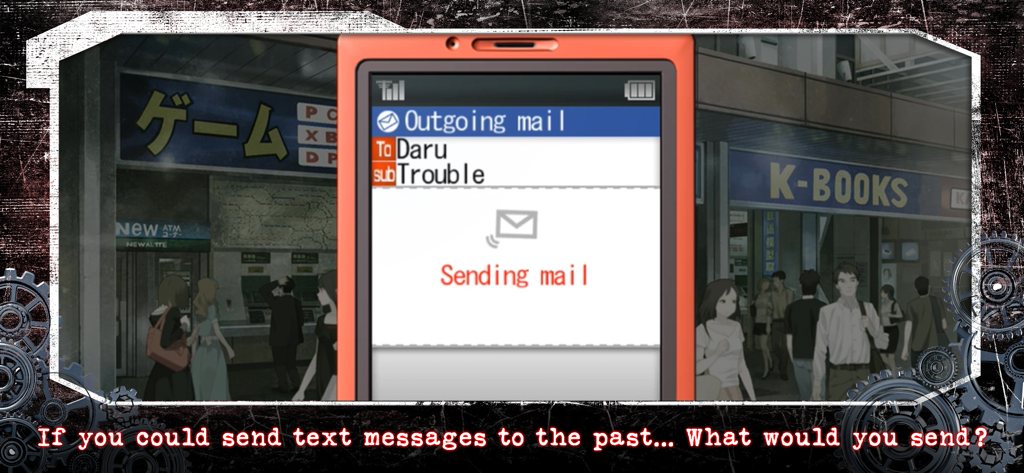 Una pantalla de teléfono móvil en el juego Steins Gate mostrando un mensaje de texto saliente al personaje Daru.