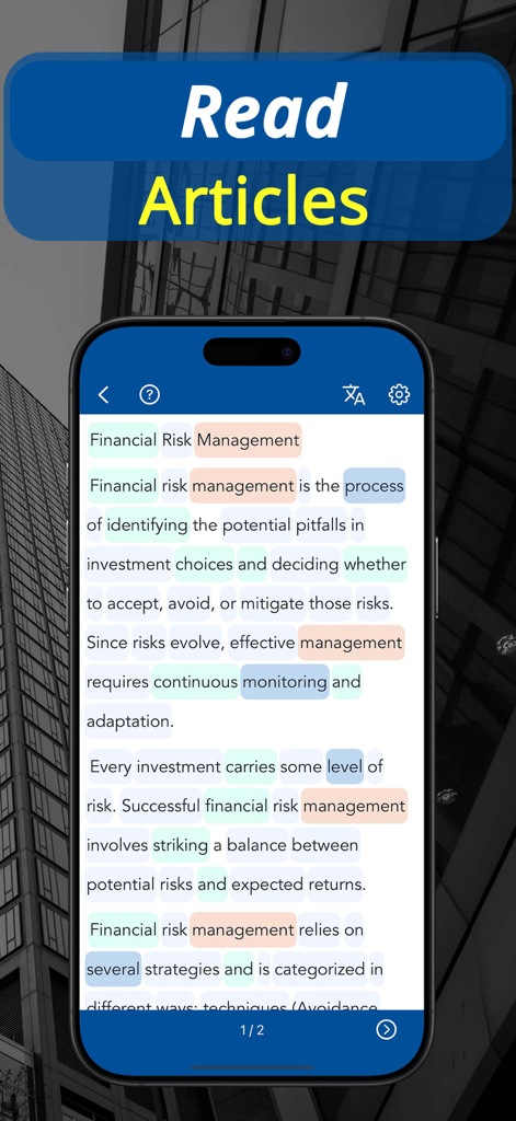 Reading a financial risk management article with highlighted keywords in the Financial English app.