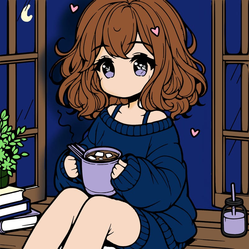 cute anime girl reading book and drinking hot chocolate from mug with loose wavy hair wearing a baggy sweatshirt and shorts sitting by windowsill looking out