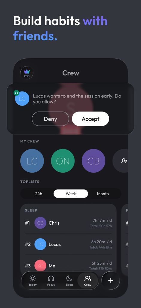 Soundscape: Focus & Deep Sleep - Screenshot of the Soundscape app Crew feature showing social sleep tracking and habit building with friends.
