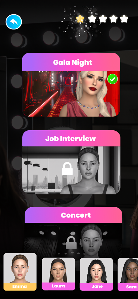 Makeover Star 3D: Beauty Games - Una pantalla de selección de nivel en la aplicación Makeover Star 3D que muestra eventos como Noche de Gala y Entrevista de Trabajo con opciones de personajes en la parte inferior.