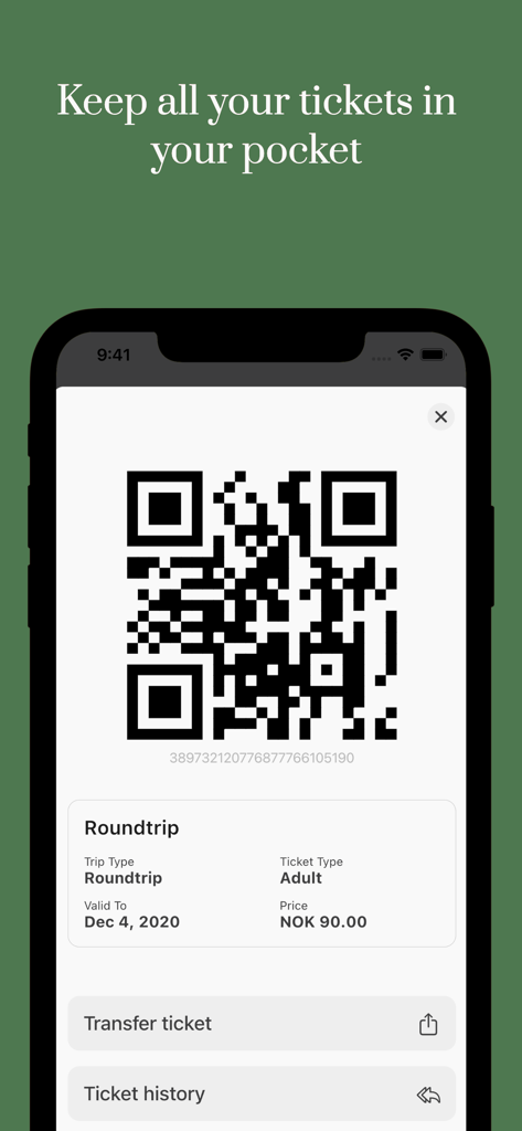 Fløibanen - Floibanen app digital ticket screen with a QR code for a funicular roundtrip