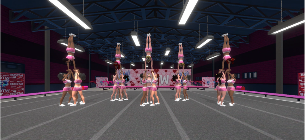 Boss of the World - Plusieurs groupes d'acrobates de cheerleading effectuant des figures dans une salle de sport dans le jeu de simulation Boss of the World