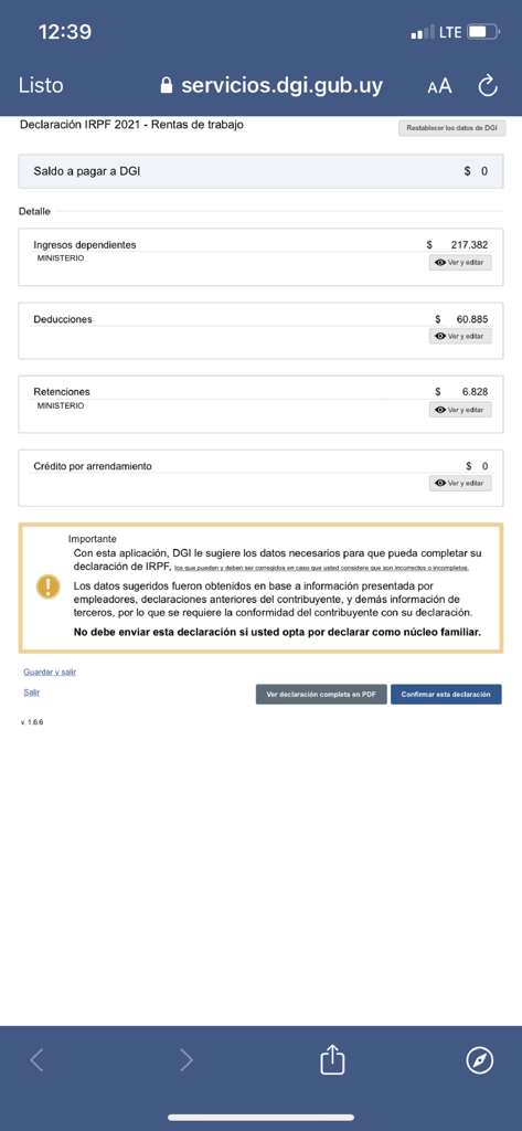 Interfaz móvil de la aplicación DGI que muestra un resumen de una declaración de impuestos