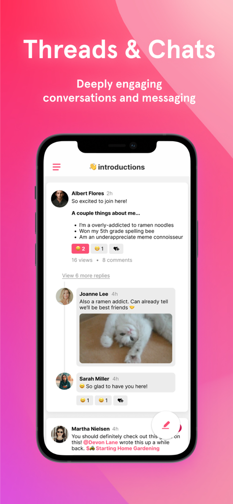 Heartbeat Chat mobile app showing organized community threads and member introductions