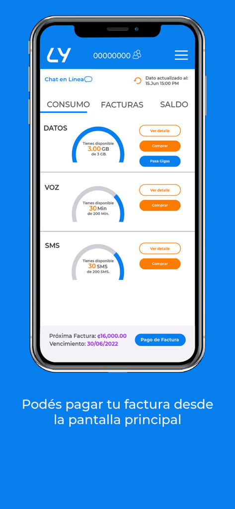 Mi Liberty - A mobile interface of the Mi Liberty app showing data voice and SMS consumption status and a bill payment button