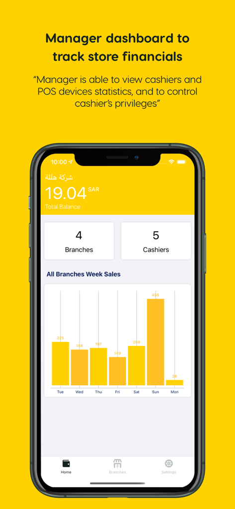 Hala - Business - Hala Business app manager dashboard showing financial overview and weekly sales analytics chart on a smartphone screen