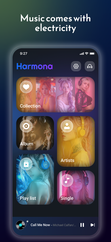 Harmona - Harmona app home screen displaying music collection categories and playback controls