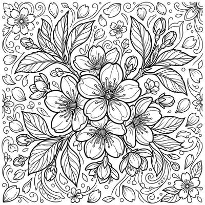 Celebrate the ephemeral beauty of spring with this exquisite cherry blossom coloring page, designed to bring tranquility and artistic joy. Featuring a detailed cluster of blossoms, buds, and leaves, it invites you to explore the delicate hues of nature.