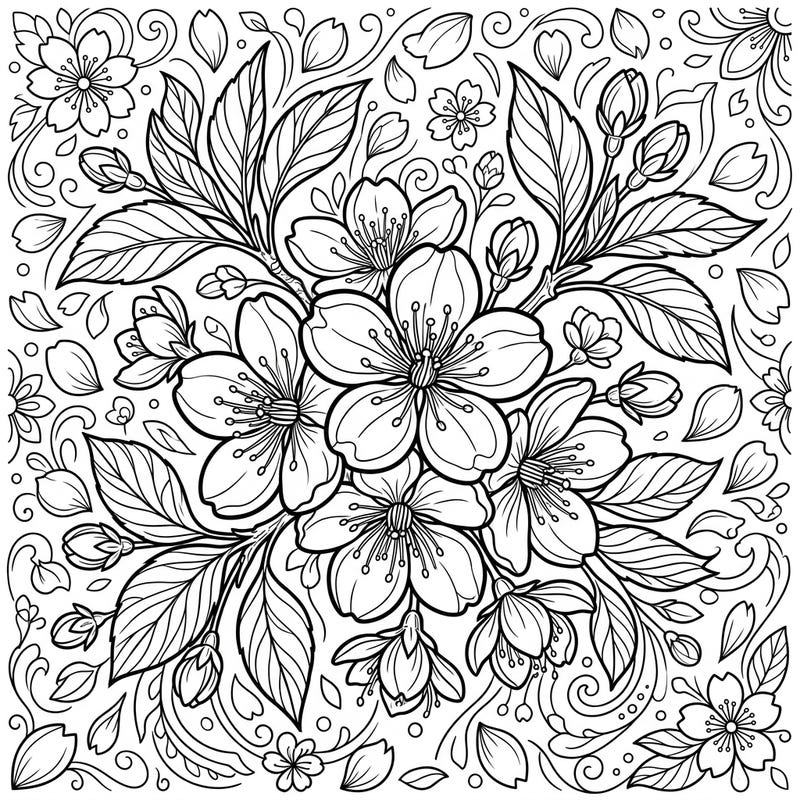 Celebrate the ephemeral beauty of spring with this exquisite cherry blossom coloring page, designed to bring tranquility and artistic joy. Featuring a detailed cluster of blossoms, buds, and leaves, it invites you to explore the delicate hues of nature.