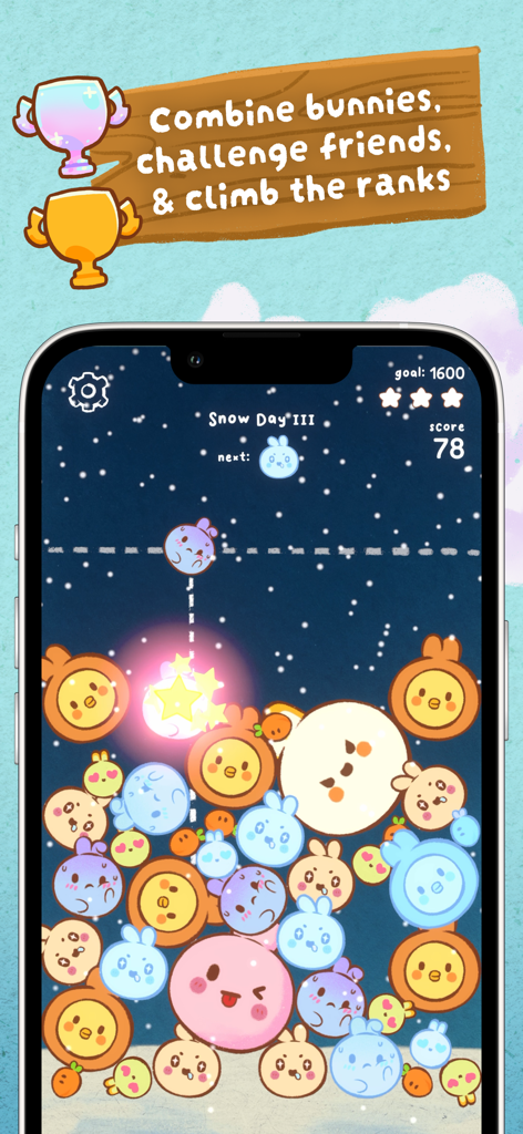 Pop Pop Bunny! Merge Game - Gameplay screenshot of Pop Pop Bunny showing cute circular bunnies being merged in a snowy winter biome level