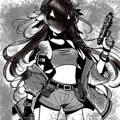 bad girl wearing crop top holding a gun long hair anime