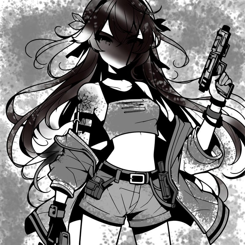 bad girl wearing crop top holding a gun long hair anime