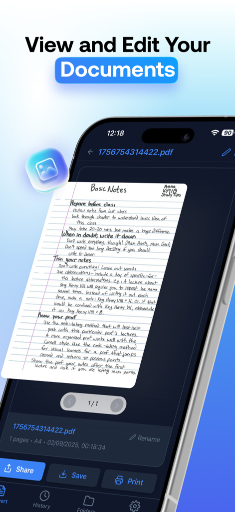 PDFeroアプリのインターフェイス。スマートフォン上で「Basic Notes」というタイトルの手書きメモのスキャンが表示され、編集されています。
