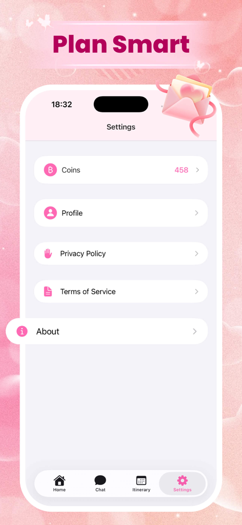 Funce - Settings menu of the Funce AI travel planner app featuring an elegant pink aesthetic