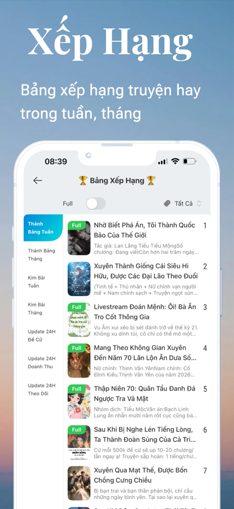 TruyenHD - Đọc Truyện Full - Screenshot of the weekly and monthly rankings leaderboard for Vietnamese web novels on the TruyenHD app