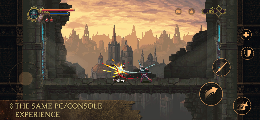Gameplay de combate de acción de Blasphemous en móvil mostrando al Plegario luchando contra un enemigo con un fondo de ciudad gótica