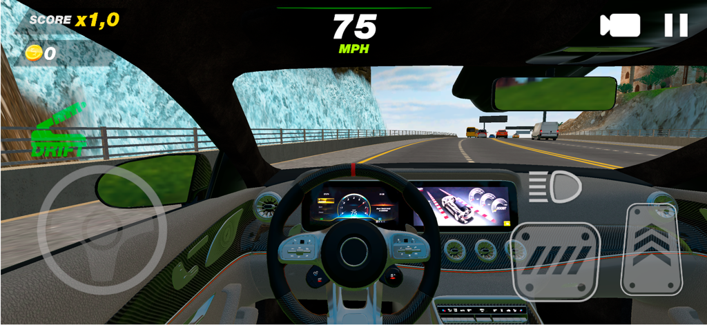 Street Racing: Car Battle - First person cockpit view of a car driving on a coastal highway at high speed