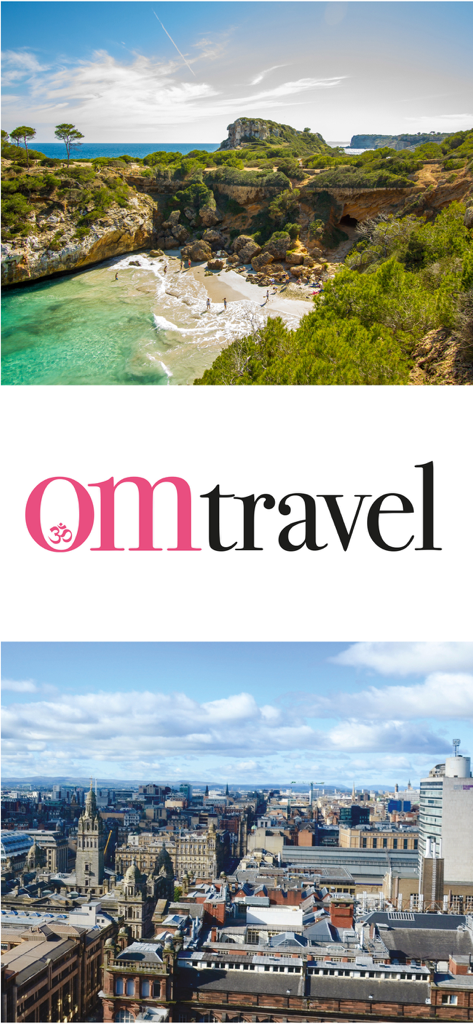 OM Yoga Magazine - OM Travel logo centered between a scenic coastal beach and a panoramic city skyline view.