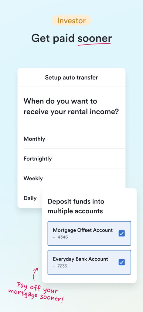 Ailo - Ailo app screen showing rental income payout frequency options and account selection for real estate investors.