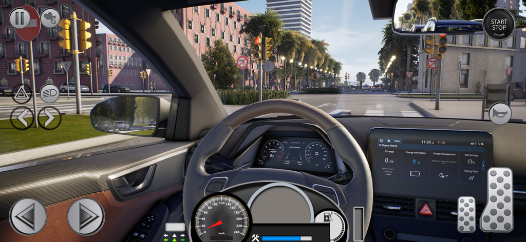 Grab City Taxi: Car Games 3D - Vista en primera persona desde el interior de la cabina de un coche en un juego de simulación de conducción de taxis en 3D