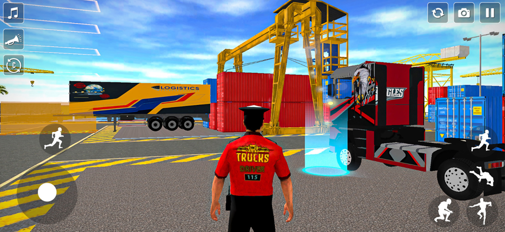 Cargo Truck Games Simulator 3D - A truck driver character standing in a shipyard next to a heavy cargo truck and shipping containers.