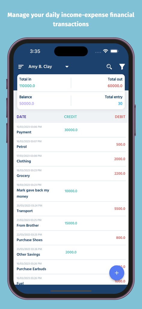 Interface do aplicativo móvel para gerenciar receitas e despesas diárias com um registro de transações e resumo financeiro