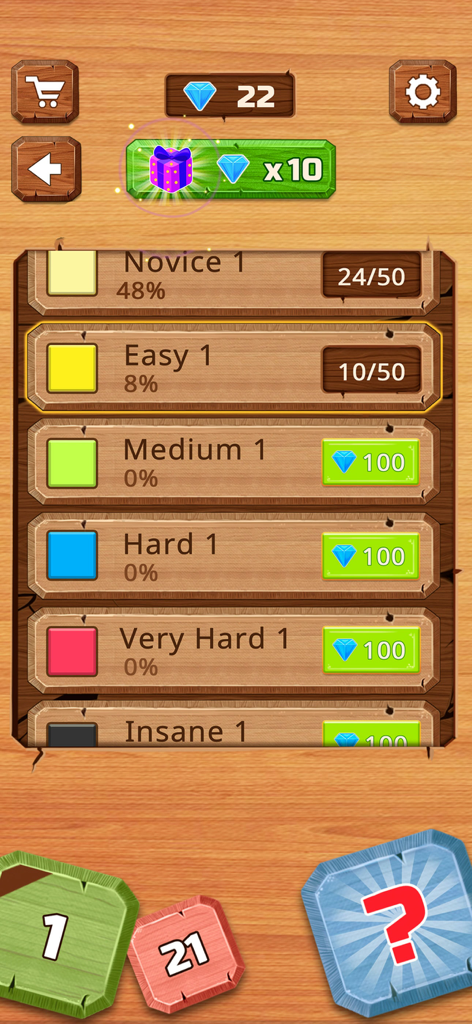 Math Games For Adults - 木製のボード上に初心者から狂気までの難易度カテゴリーを示す大人向け数学ゲームのレベル選択画面