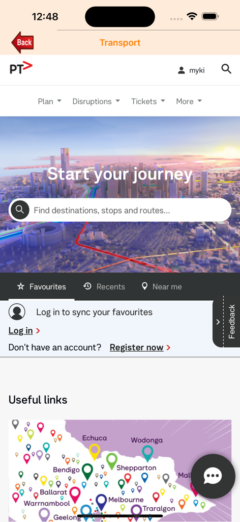 Melbourne App Transport-Bildschirm mit dem Routenplaner von Public Transport Victoria und einer regionalen Karte.