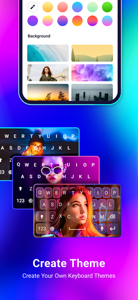 Neon Love Theme - App interface showing how to create custom keyboard themes using personal photos and various background colors