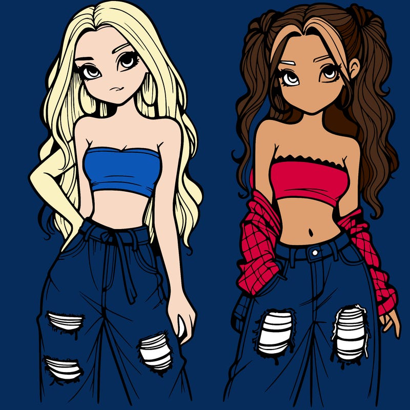 2 girls in crop tops and baggy jeans ripped