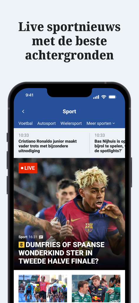 Sección de deportes de la aplicación De Telegraaf que muestra cobertura de noticias en vivo de fútbol y carreras