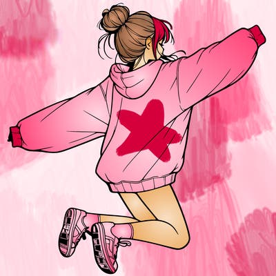 realistic girl jumping with a bun and oversized sweatshirt