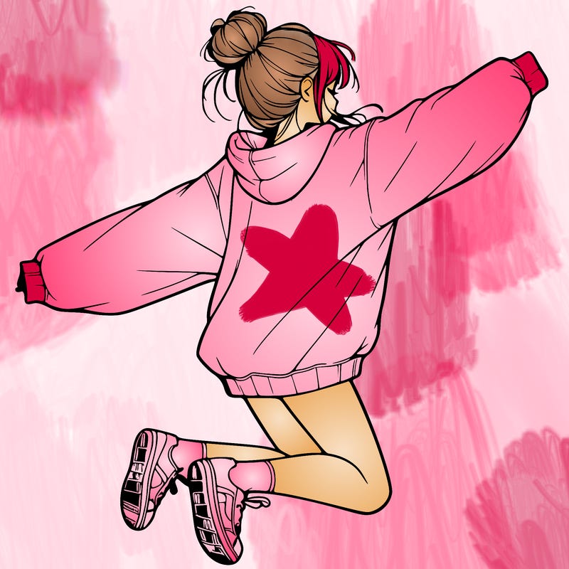 realistic girl jumping with a bun and oversized sweatshirt