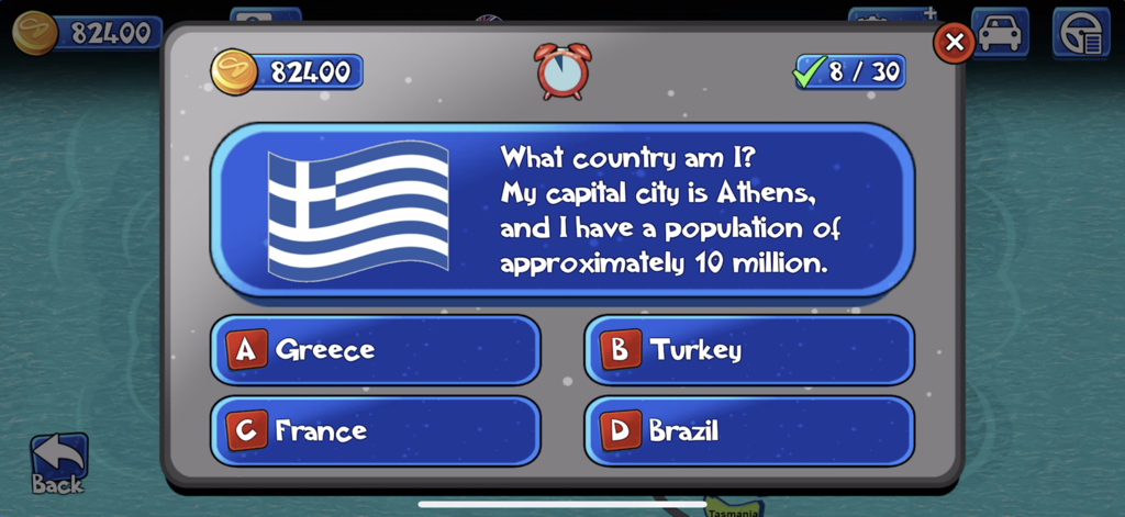 Une question de trivia géographique dans l'application World Wise demandant d'identifier un pays avec le drapeau grec et Athènes comme capitale