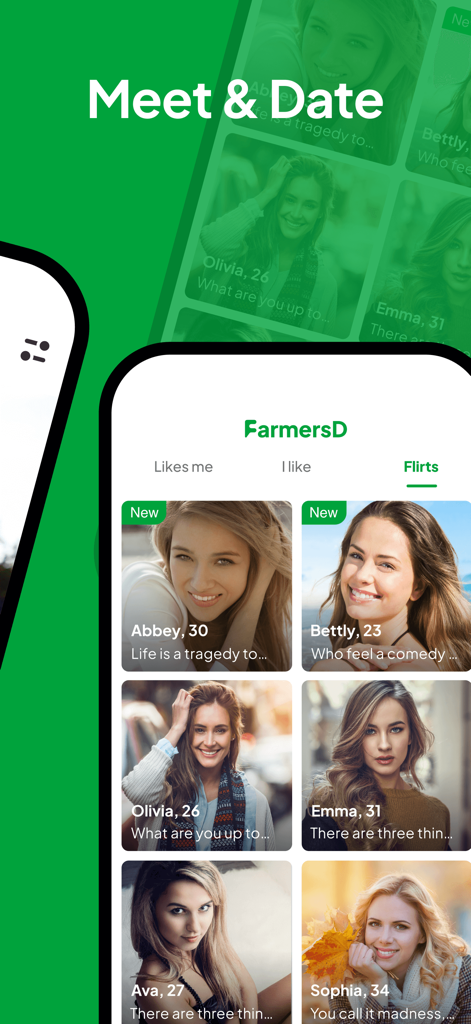 Farmers Dating App - FarmersD - Interface of the FarmersD dating app showing a grid of women's profiles under the flirts tab.