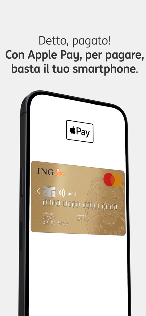 ING Italia - Banca Online - Interfaccia dell'app mobile ING Italia che mostra il supporto Apple Pay per Mastercard Gold su un iPhone