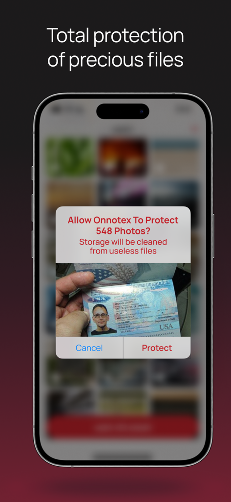 Total Security for Web & Phone - iPhone screen showing Onnotex app prompt to protect photos and clean up device storage