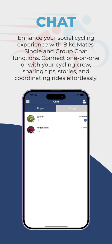 Affichage de smartphone montrant l'interface de chat de l'application Bike Mates avec des options de messagerie individuelle et de groupe pour coordonner les sorties à vélo.