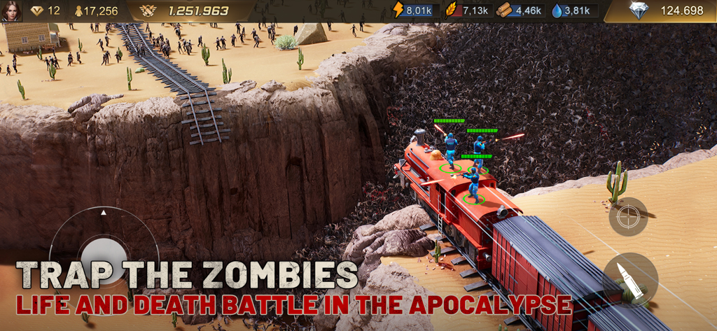 Soldiers on a train shooting at a massive swarm of zombies in a desert canyon.