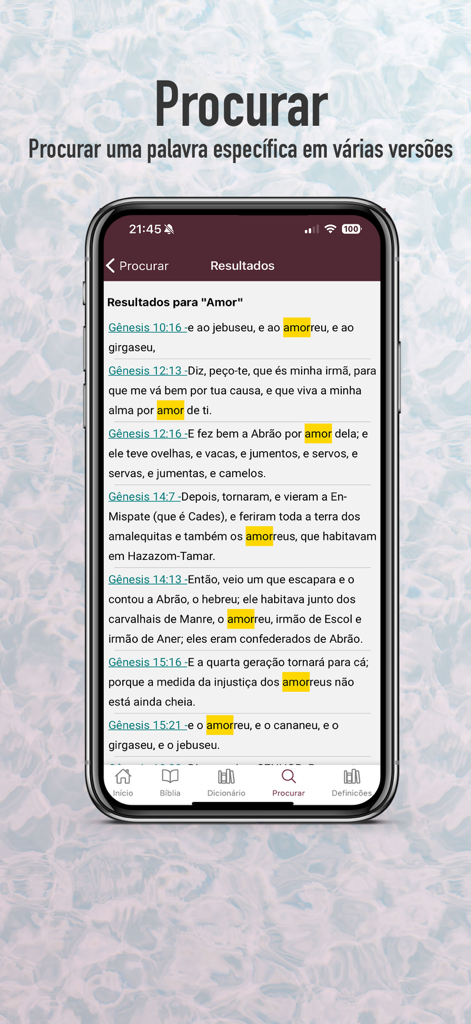 Bíblia Almeida Atualizada - Interface do aplicativo da Bíblia em português mostrando resultados de busca com versículos destacados